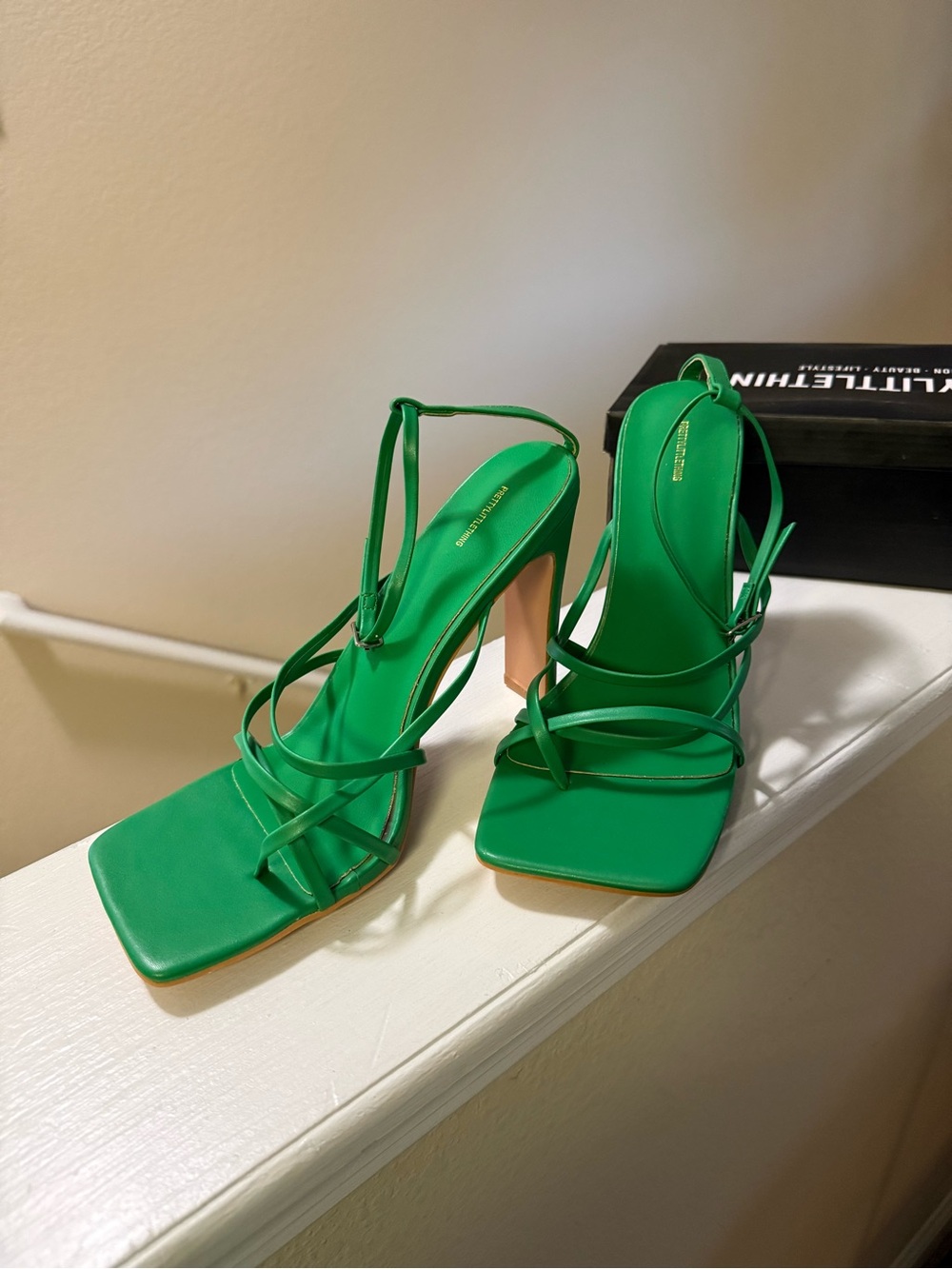Pretty Little Thing Green Strappy Square-Toe Heels